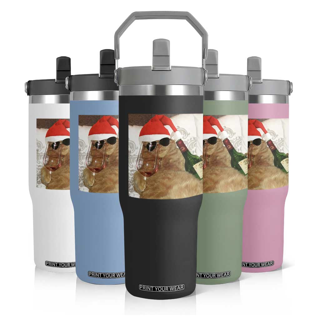 Funny Cat Drinking Wine Christmas Flip Straw Tumbler TS14 Print Your Wear
