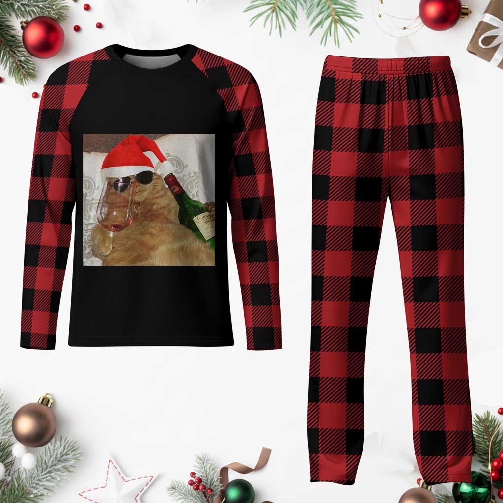 Funny Cat Drinking Wine Christmas Plaid Pajama Set TS14 Buffalo Plaid Print Your Wear
