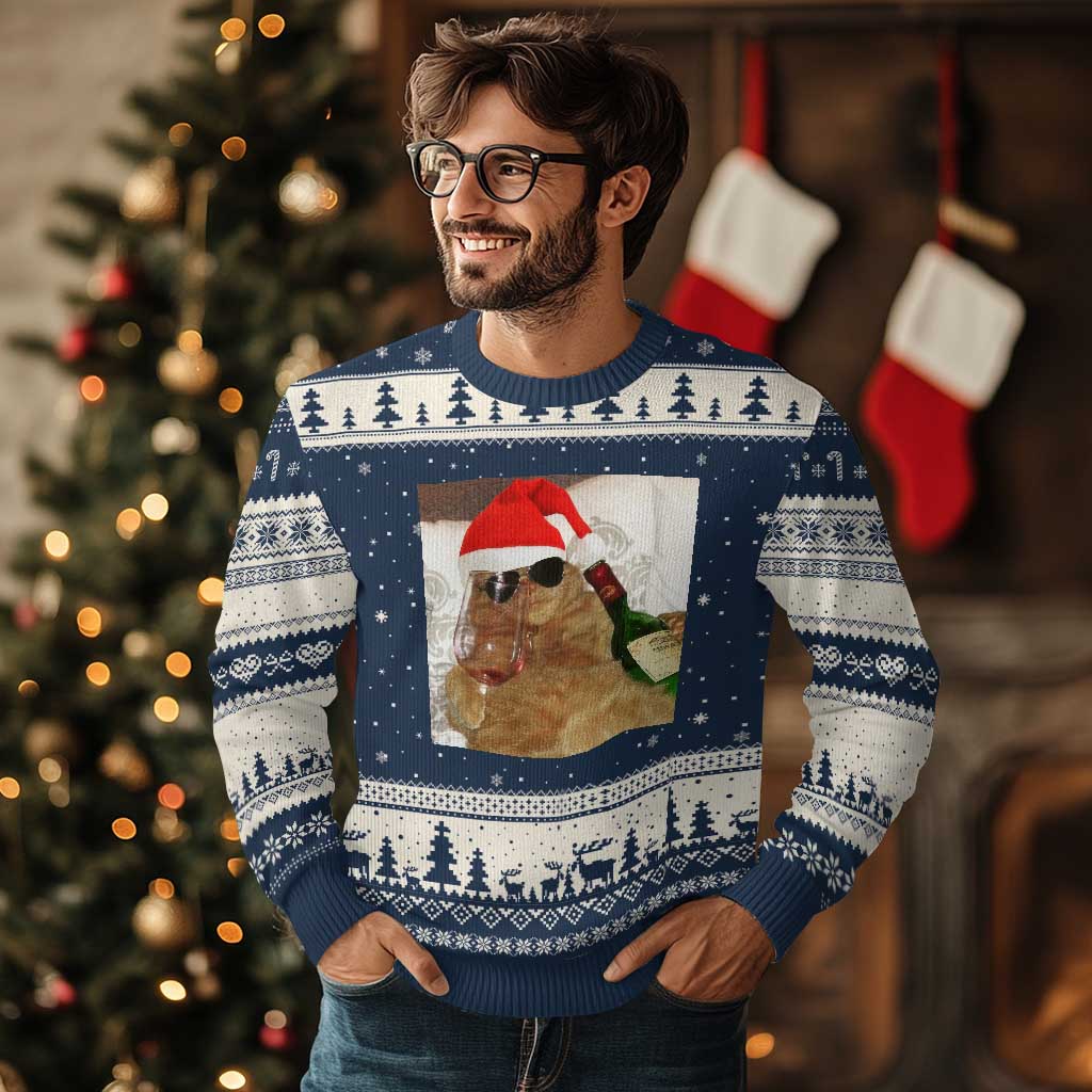 Funny Cat Drinking Wine Xmas Ugly Christmas Sweater TS14 Navy Beige Print Your Wear
