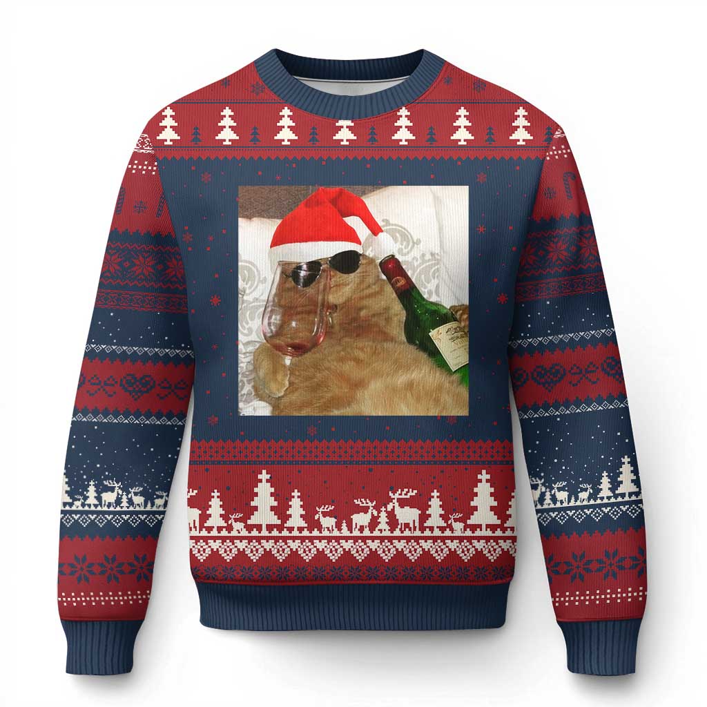 Funny Cat Drinking Wine Xmas Ugly Christmas Sweater - Print Your Wear