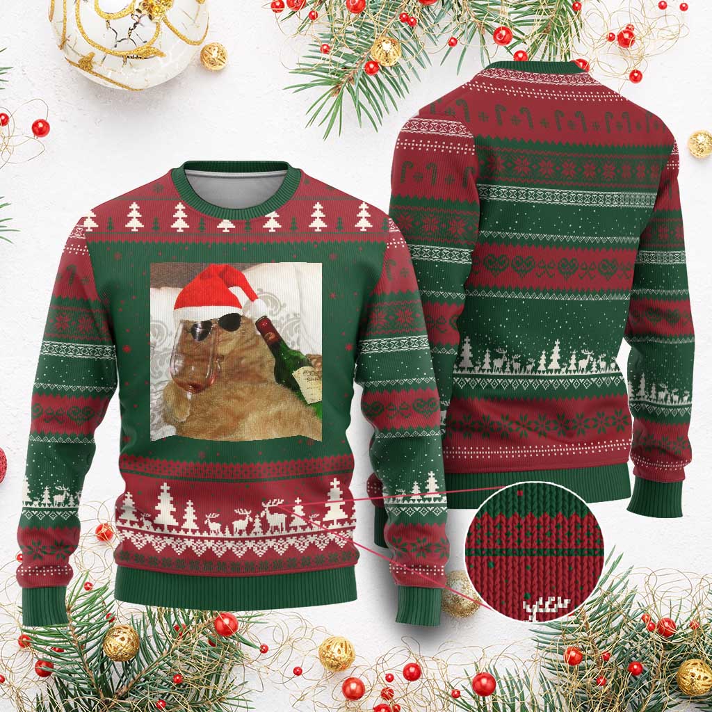 Funny Cat Drinking Wine Xmas Ugly Christmas Sweater TS14 Red Green Print Your Wear