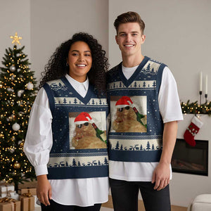 Funny Cat Drinking Wine Xmas V-Neck Knit Sweater Vest TS14 Navy Beige Print Your Wear