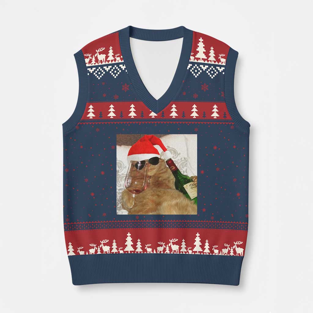 Funny Cat Drinking Wine Xmas V-Neck Knit Sweater Vest TS14 Navy Red Print Your Wear
