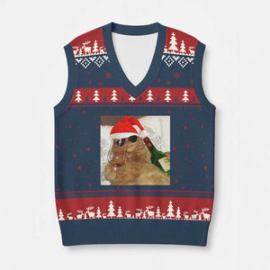 Funny Cat Drinking Wine Xmas V-Neck Knit Sweater Vest TS14 Navy Red Print Your Wear