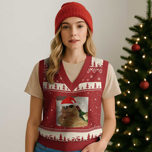 Funny Cat Drinking Wine Xmas V-Neck Knit Sweater Vest TS14 Red Beige Print Your Wear