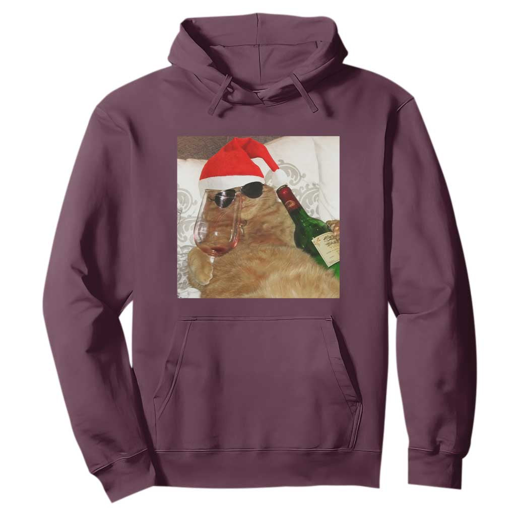 Funny Cat Drinking Wine Christmas Hoodie TS14 Maroon Print Your Wear