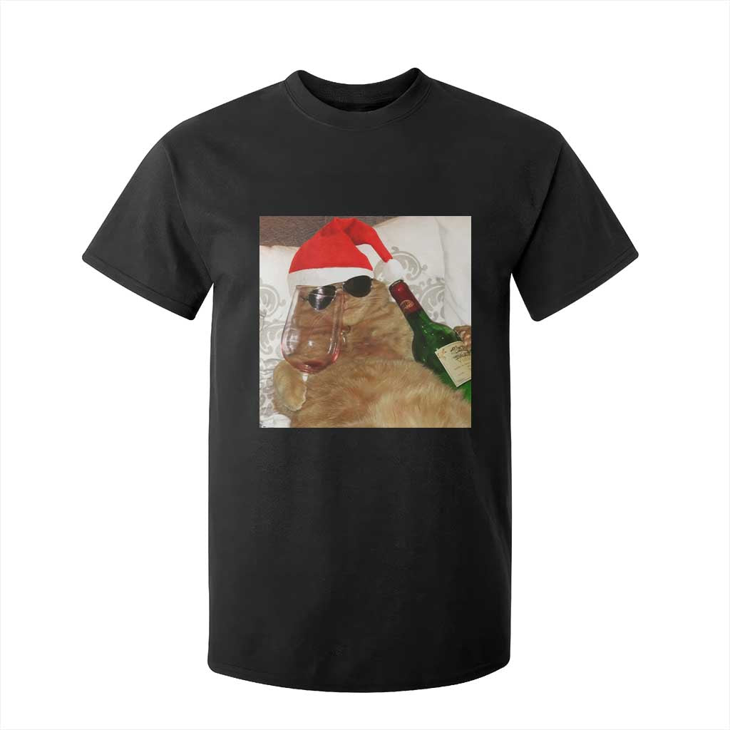 Funny Cat Drinking Wine Christmas T Shirt For Kid TS14 Black Print Your Wear