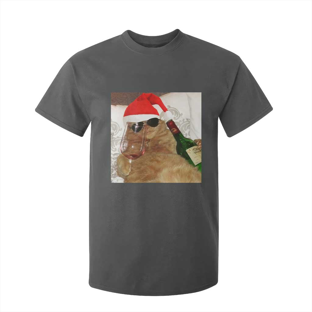 Funny Cat Drinking Wine Christmas T Shirt For Kid TS14 Dark Heather Print Your Wear