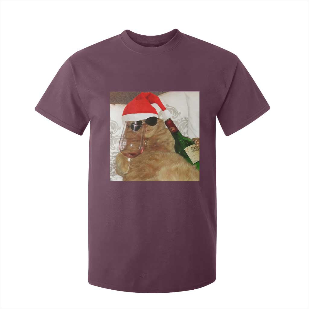Funny Cat Drinking Wine Christmas T Shirt For Kid TS14 Maroon Print Your Wear