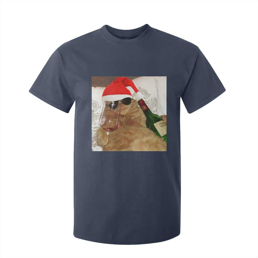 Funny Cat Drinking Wine Christmas T Shirt For Kid TS14 Navy Print Your Wear