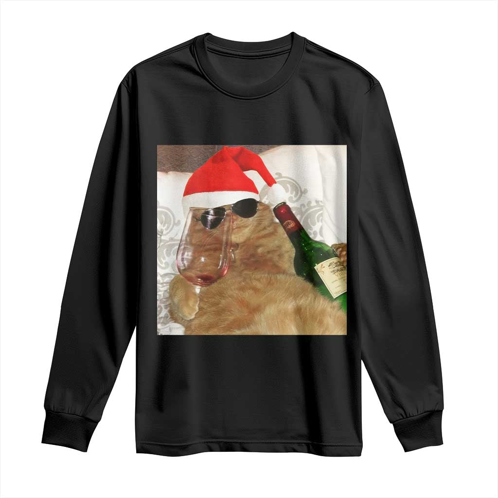Funny Cat Drinking Wine Christmas Long Sleeve Shirt - Print Your Wear
