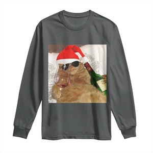 Funny Cat Drinking Wine Christmas Long Sleeve Shirt - Print Your Wear