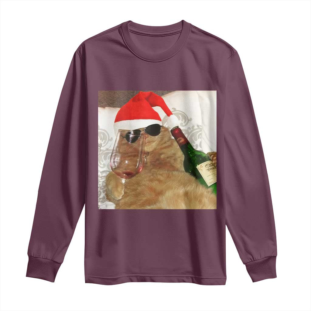 Funny Cat Drinking Wine Christmas Long Sleeve Shirt TS14 Maroon Print Your Wear