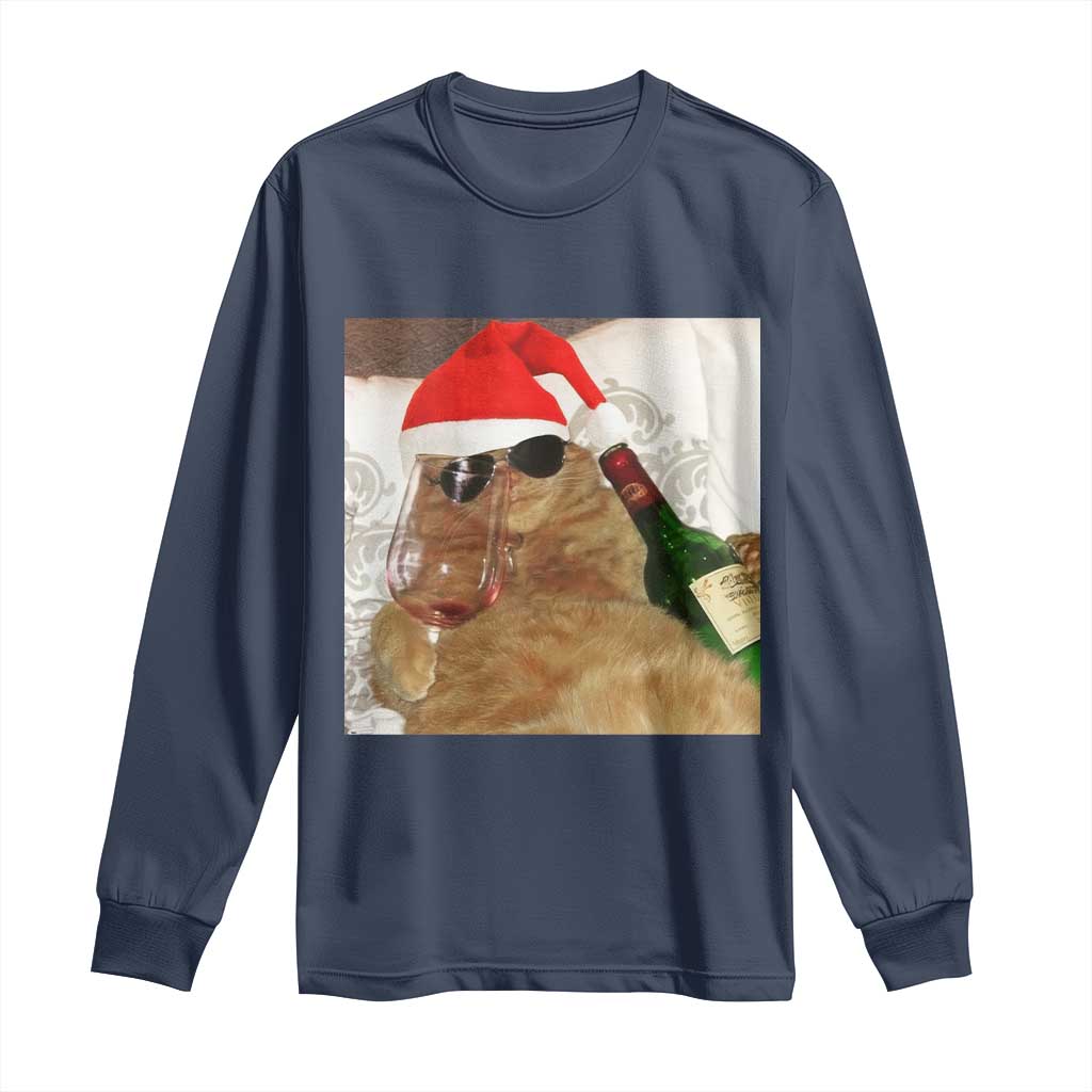 Funny Cat Drinking Wine Christmas Long Sleeve Shirt TS14 Navy Print Your Wear