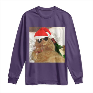 Funny Cat Drinking Wine Christmas Long Sleeve Shirt - Print Your Wear