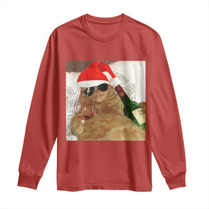 Funny Cat Drinking Wine Christmas Long Sleeve Shirt - Print Your Wear