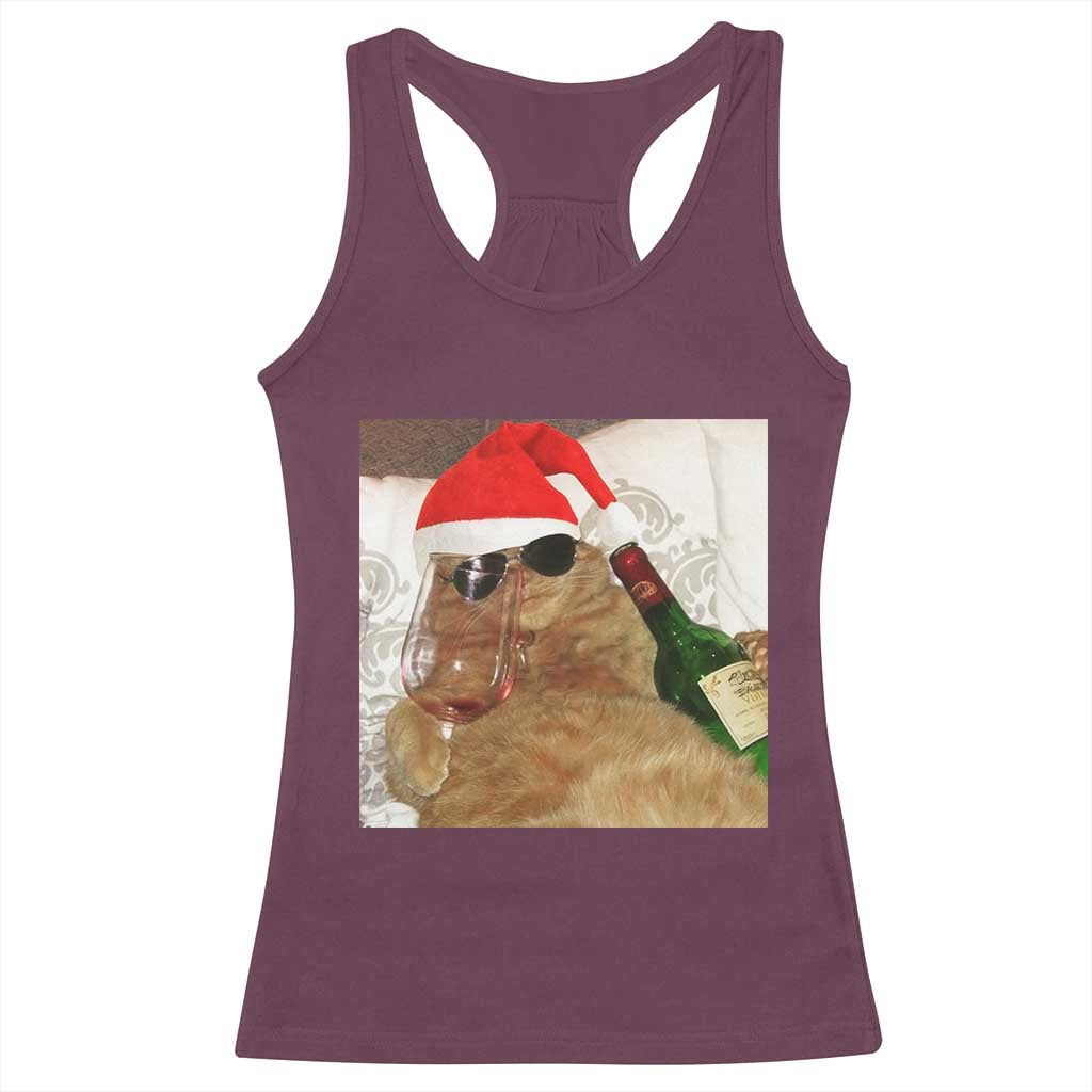 Funny Cat Drinking Wine Christmas Racerback Tank Top TS14 Maroon Print Your Wear