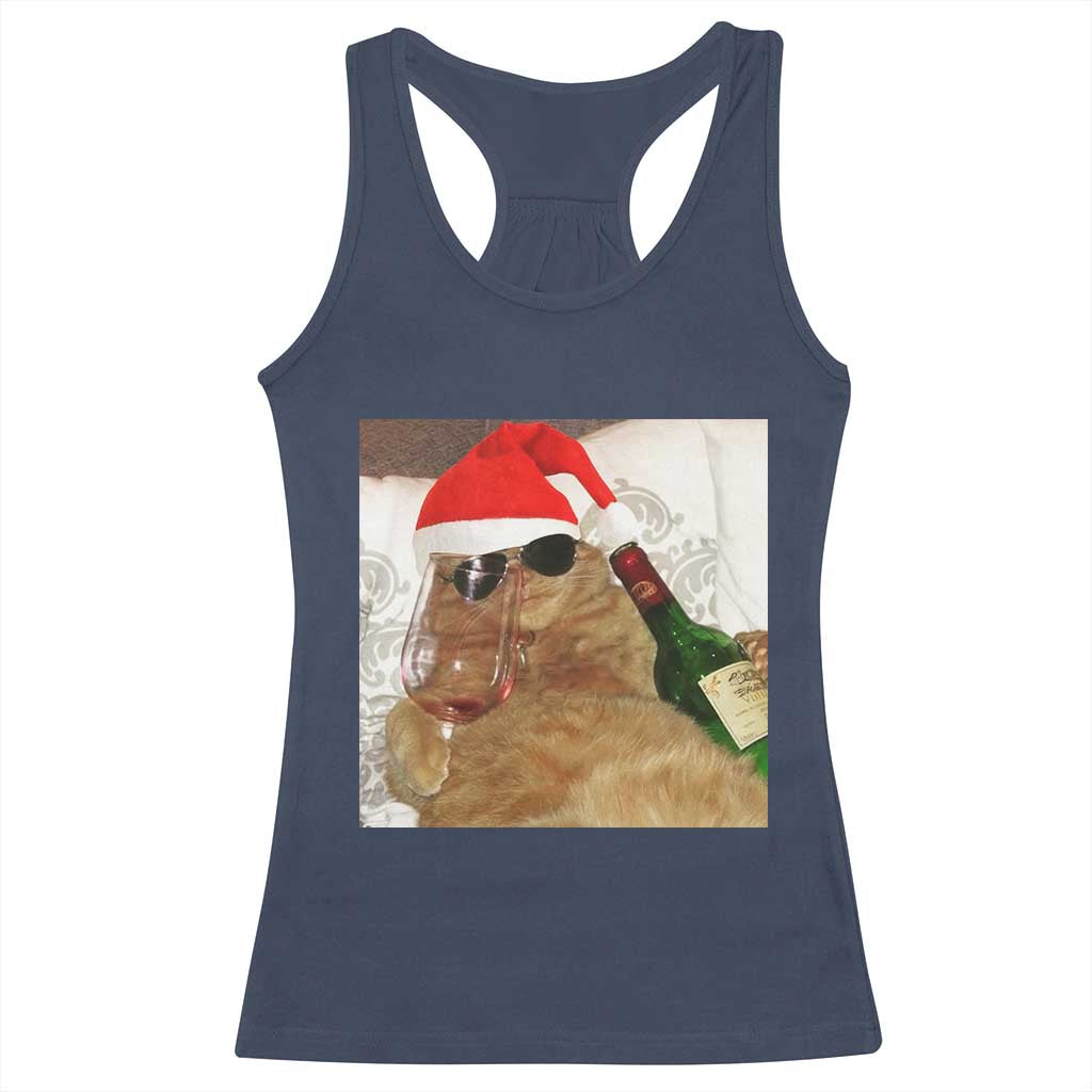 Funny Cat Drinking Wine Christmas Racerback Tank Top TS14 Navy Print Your Wear