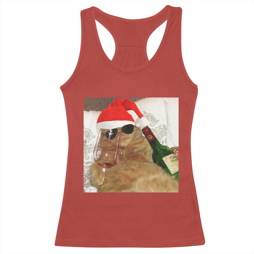 Funny Cat Drinking Wine Christmas Racerback Tank Top TS14 Red Print Your Wear