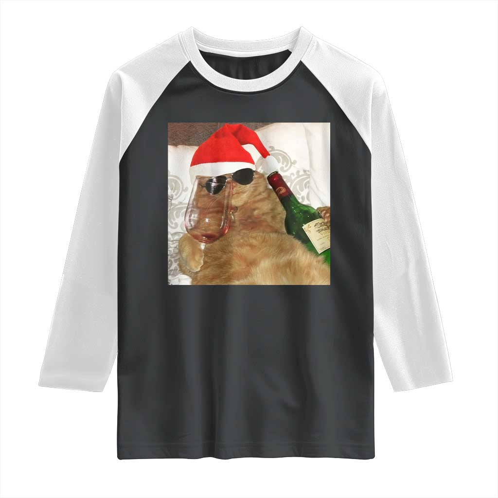 Funny Cat Drinking Wine Christmas Raglan Shirt TS14 Black White Print Your Wear