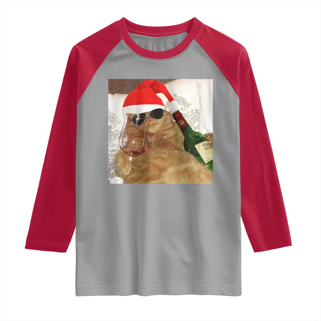 Funny Cat Drinking Wine Christmas Raglan Shirt TS14 Sport Gray Red Print Your Wear