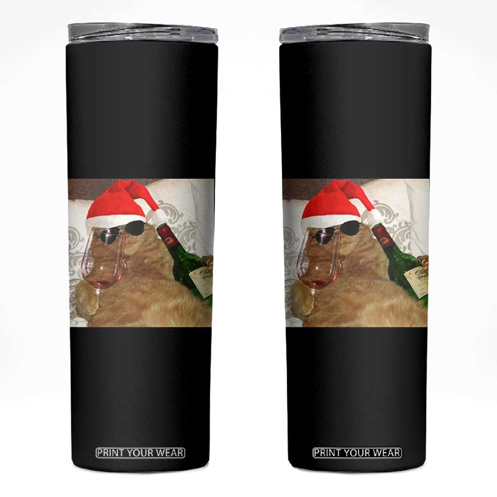 Funny Cat Drinking Wine Christmas Skinny Tumbler TS14 Black Print Your Wear