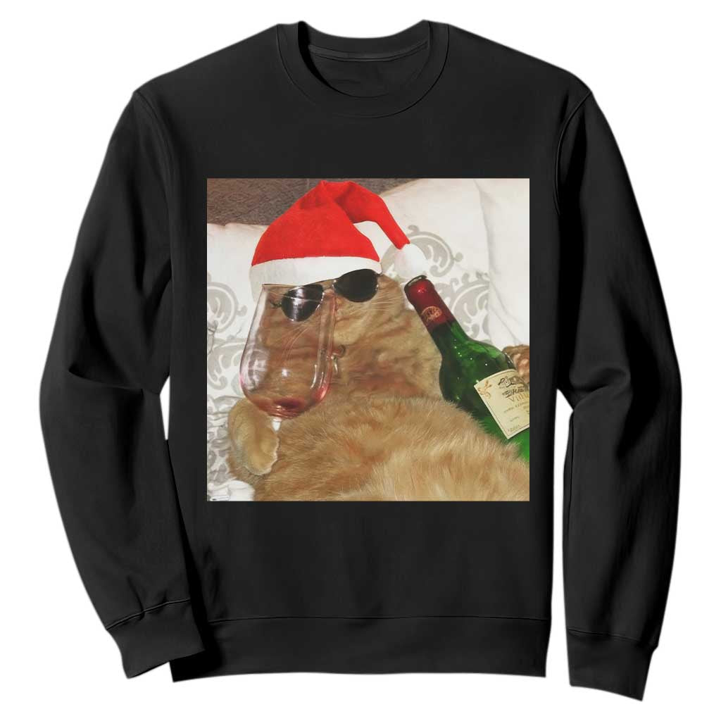 Funny Cat Drinking Wine Christmas Sweatshirt TS14 Black Print Your Wear