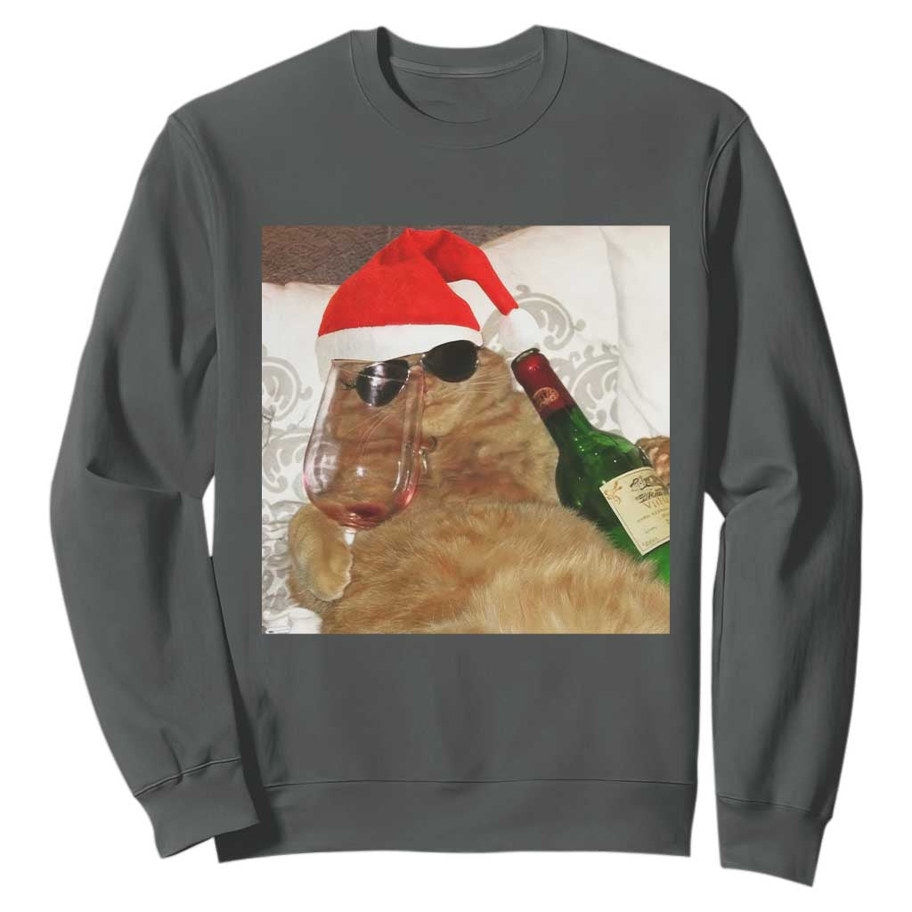 Funny Cat Drinking Wine Christmas Sweatshirt TS14 Dark Heather Print Your Wear