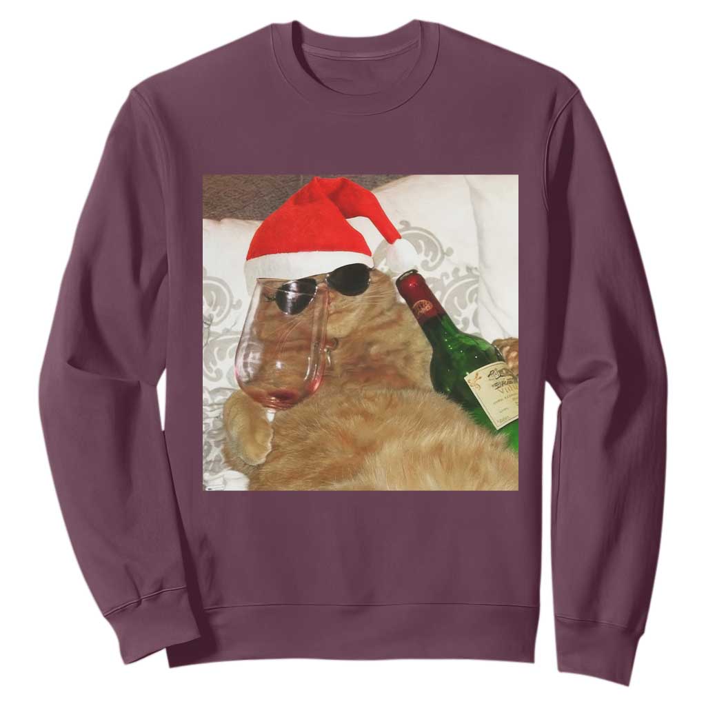 Funny Cat Drinking Wine Christmas Sweatshirt TS14 Maroon Print Your Wear