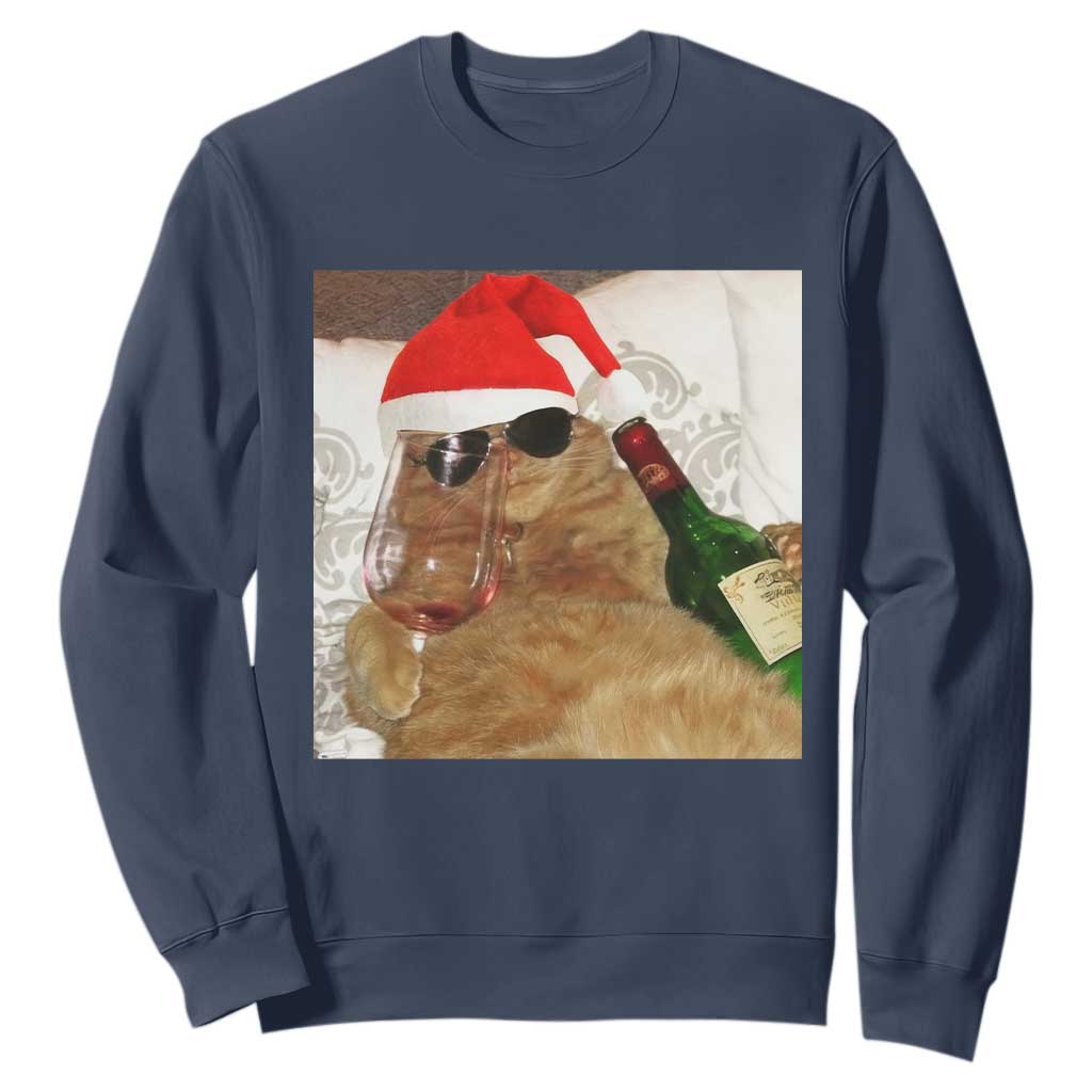 Funny Cat Drinking Wine Christmas Sweatshirt TS14 Navy Print Your Wear