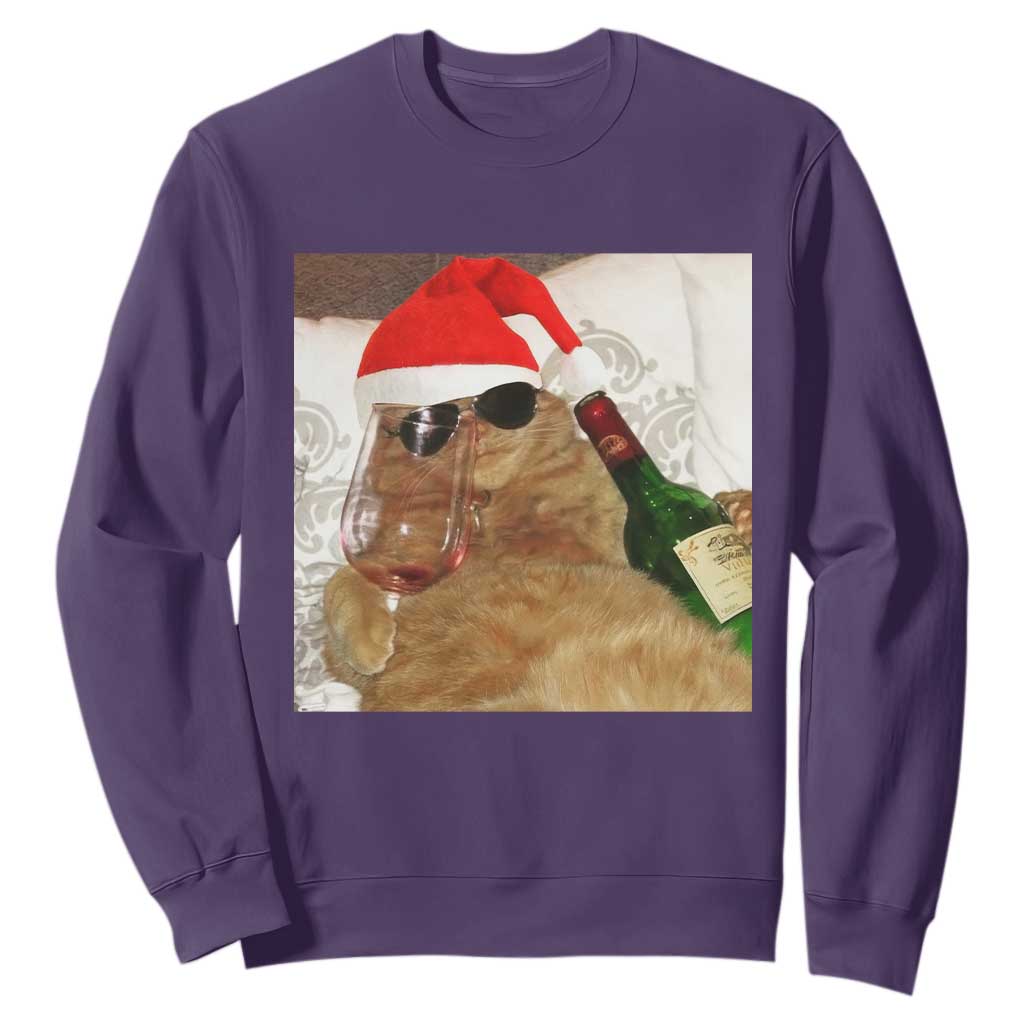 Funny Cat Drinking Wine Christmas Sweatshirt TS14 Purple Print Your Wear