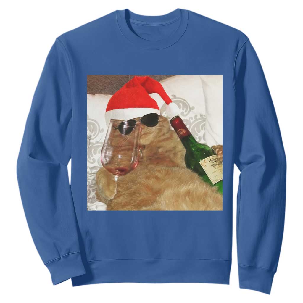 Funny Cat Drinking Wine Christmas Sweatshirt TS14 Royal Blue Print Your Wear