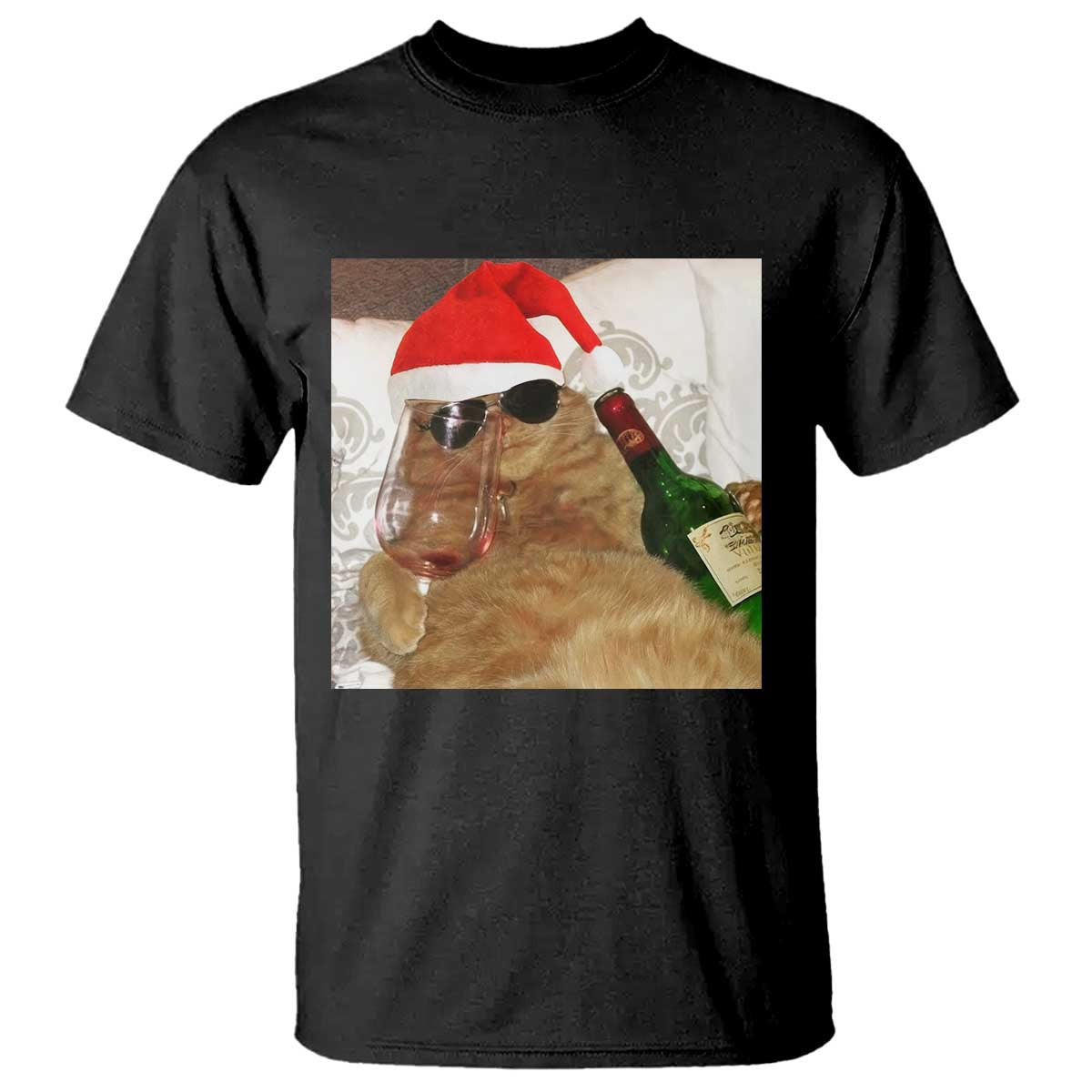 Funny Cat Drinking Wine Christmas T Shirt - Print Your Wear