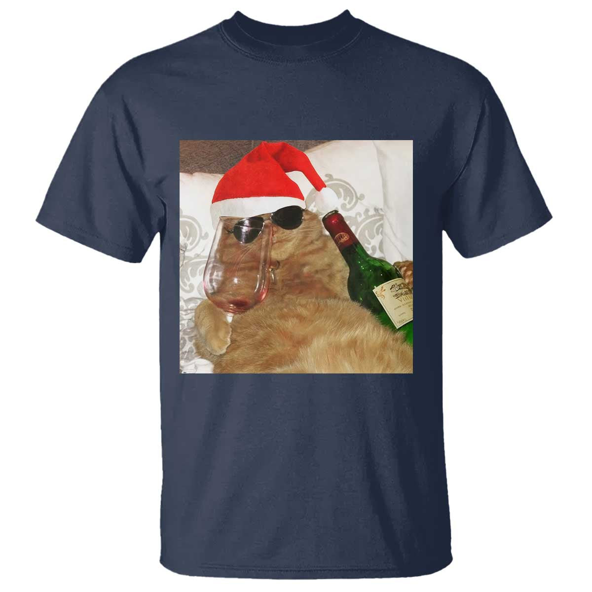 Funny Cat Drinking Wine Christmas T Shirt TS14 Navy Print Your Wear