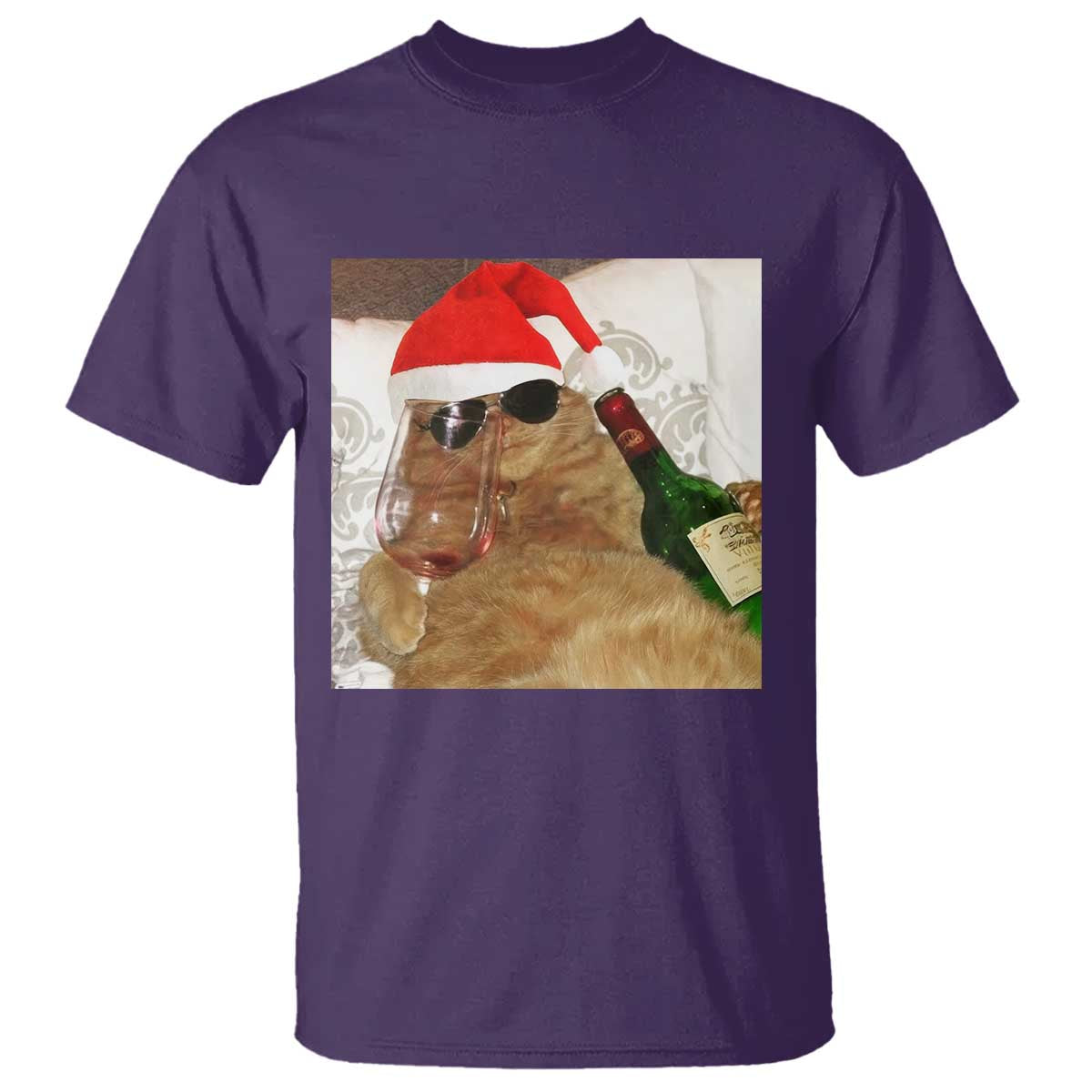 Funny Cat Drinking Wine Christmas T Shirt TS14 Purple Print Your Wear
