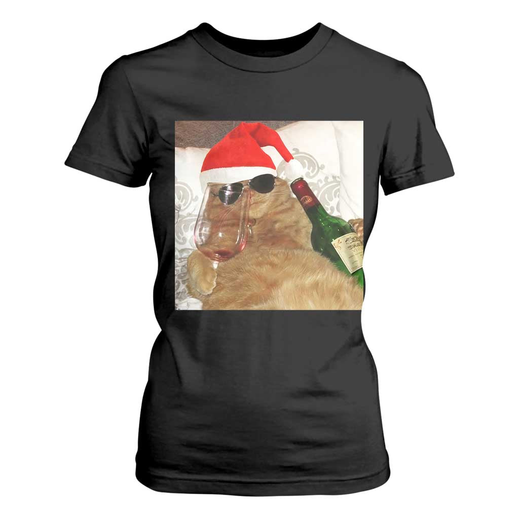 Funny Cat Drinking Wine Christmas T Shirt For Women - Print Your Wear