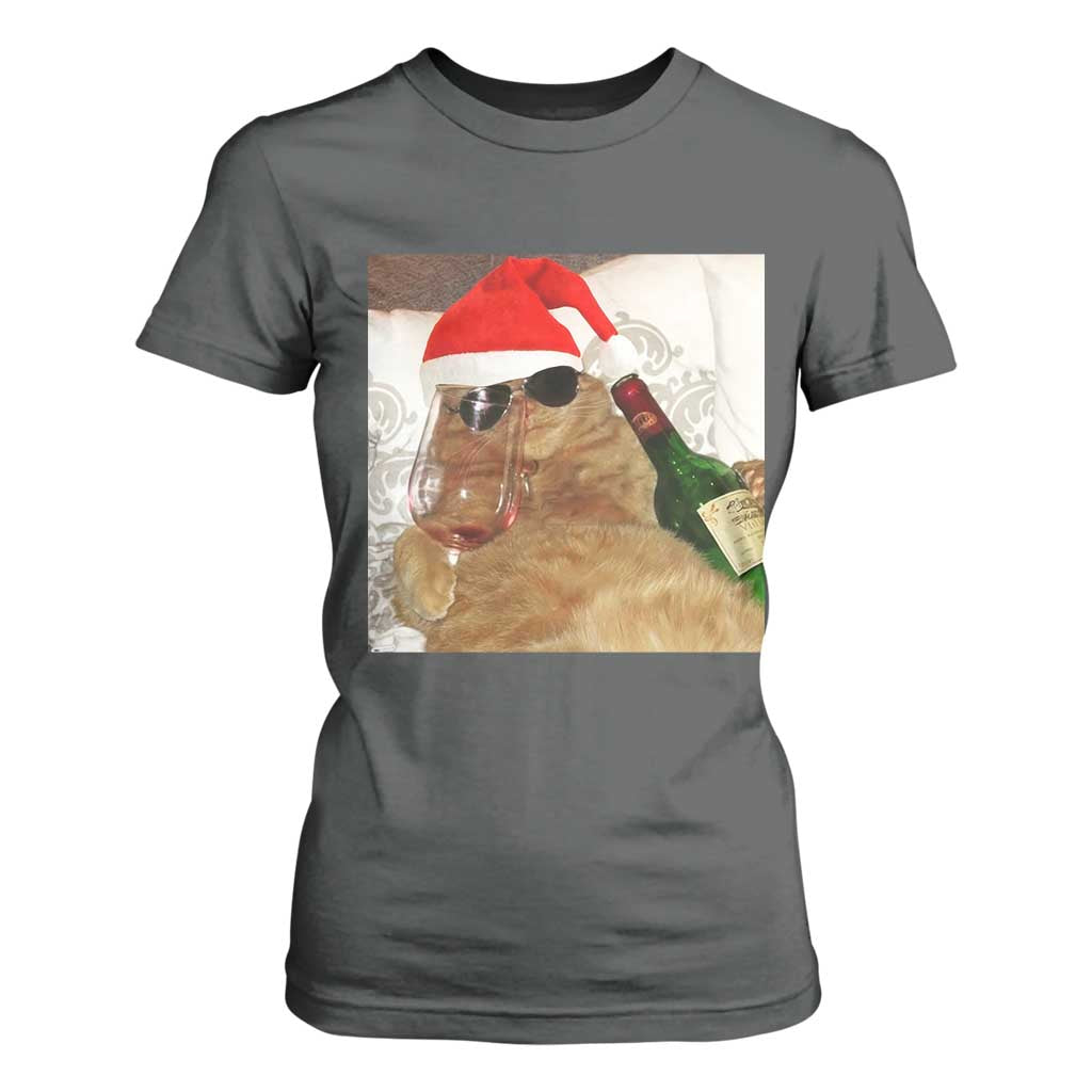 Funny Cat Drinking Wine Christmas T Shirt For Women TS14 Dark Heather Print Your Wear