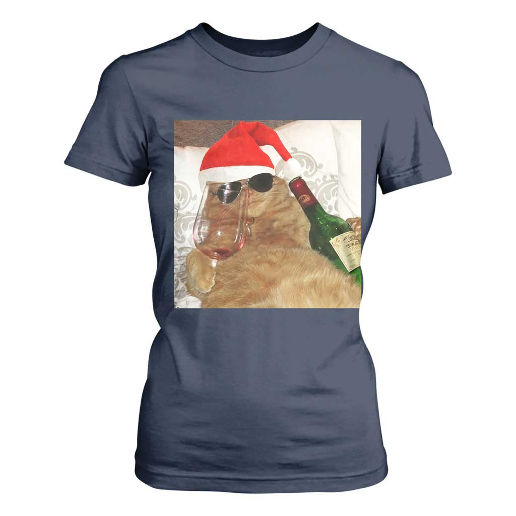 Funny Cat Drinking Wine Christmas T Shirt For Women TS14 Navy Print Your Wear