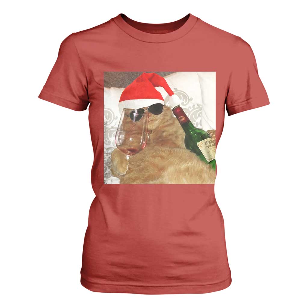 Funny Cat Drinking Wine Christmas T Shirt For Women TS14 Red Print Your Wear
