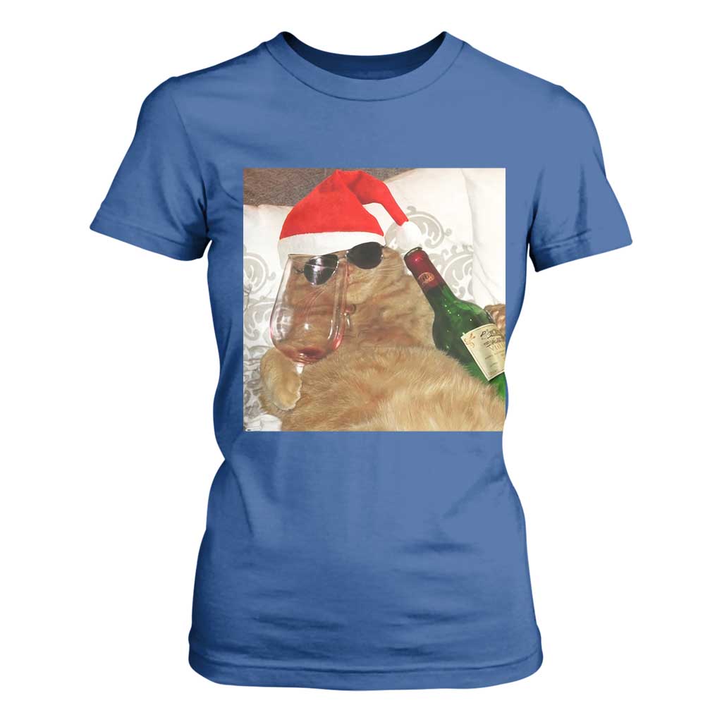 Funny Cat Drinking Wine Christmas T Shirt For Women TS14 Royal Blue Print Your Wear