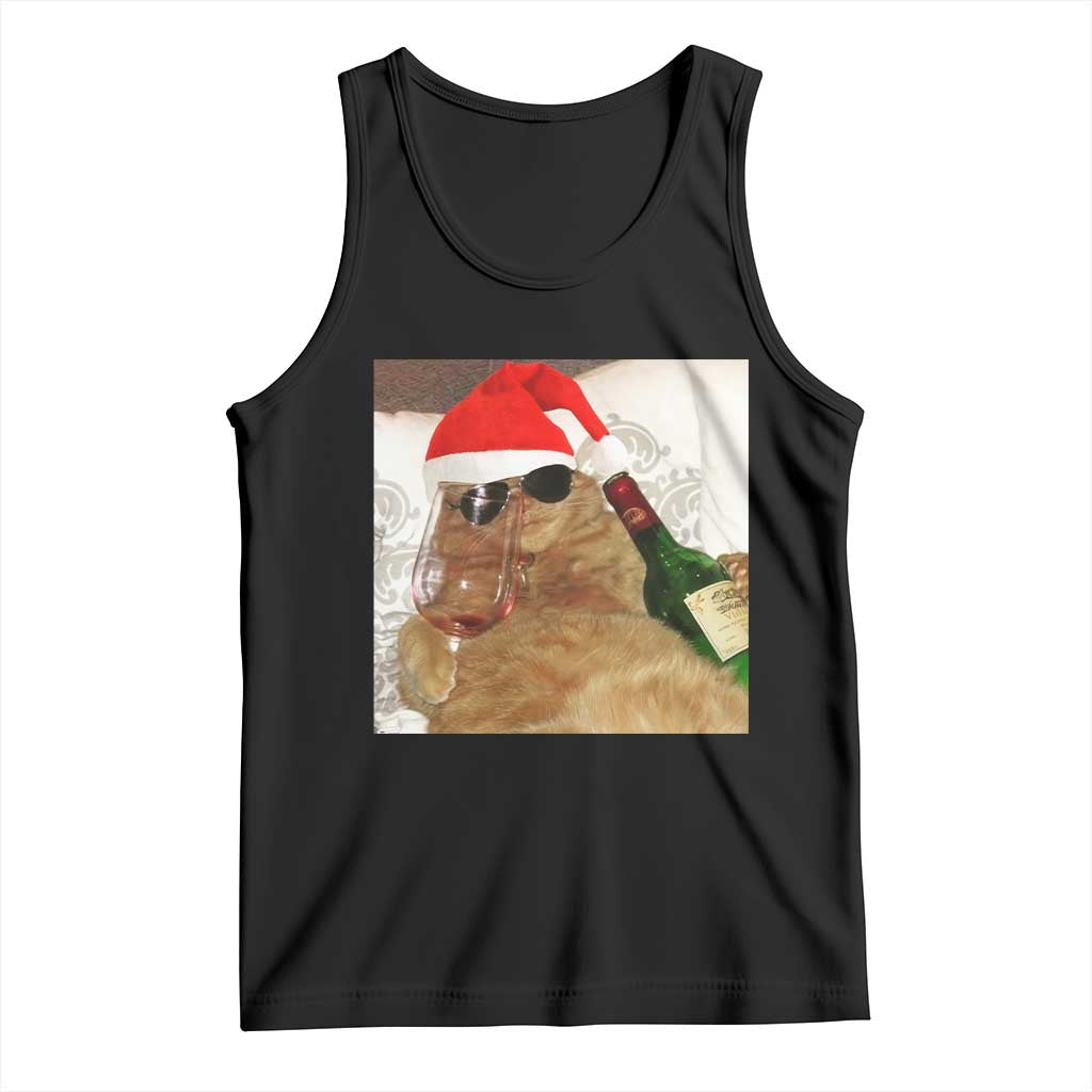 Funny Cat Drinking Wine Christmas Tank Top TS14 Black Print Your Wear