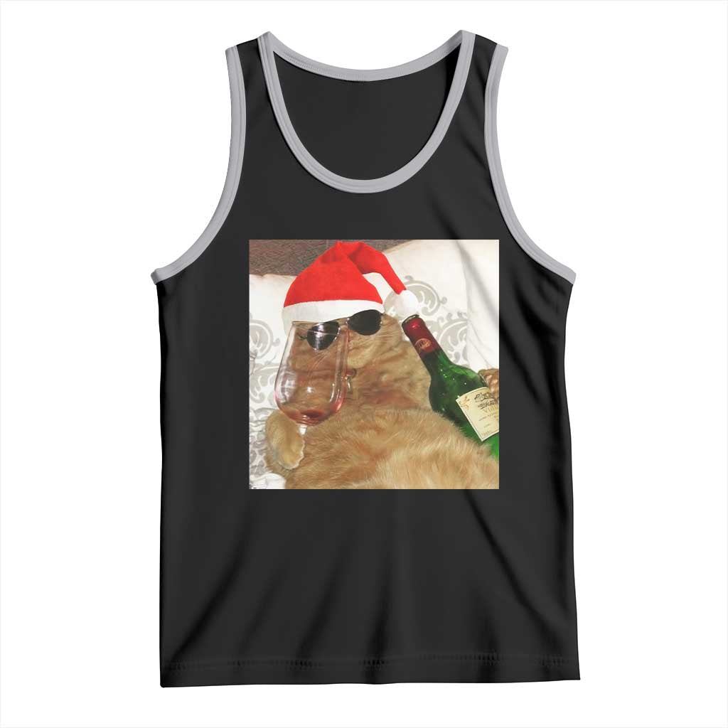 Funny Cat Drinking Wine Christmas Tank Top TS14 Black Athletic Heather Print Your Wear
