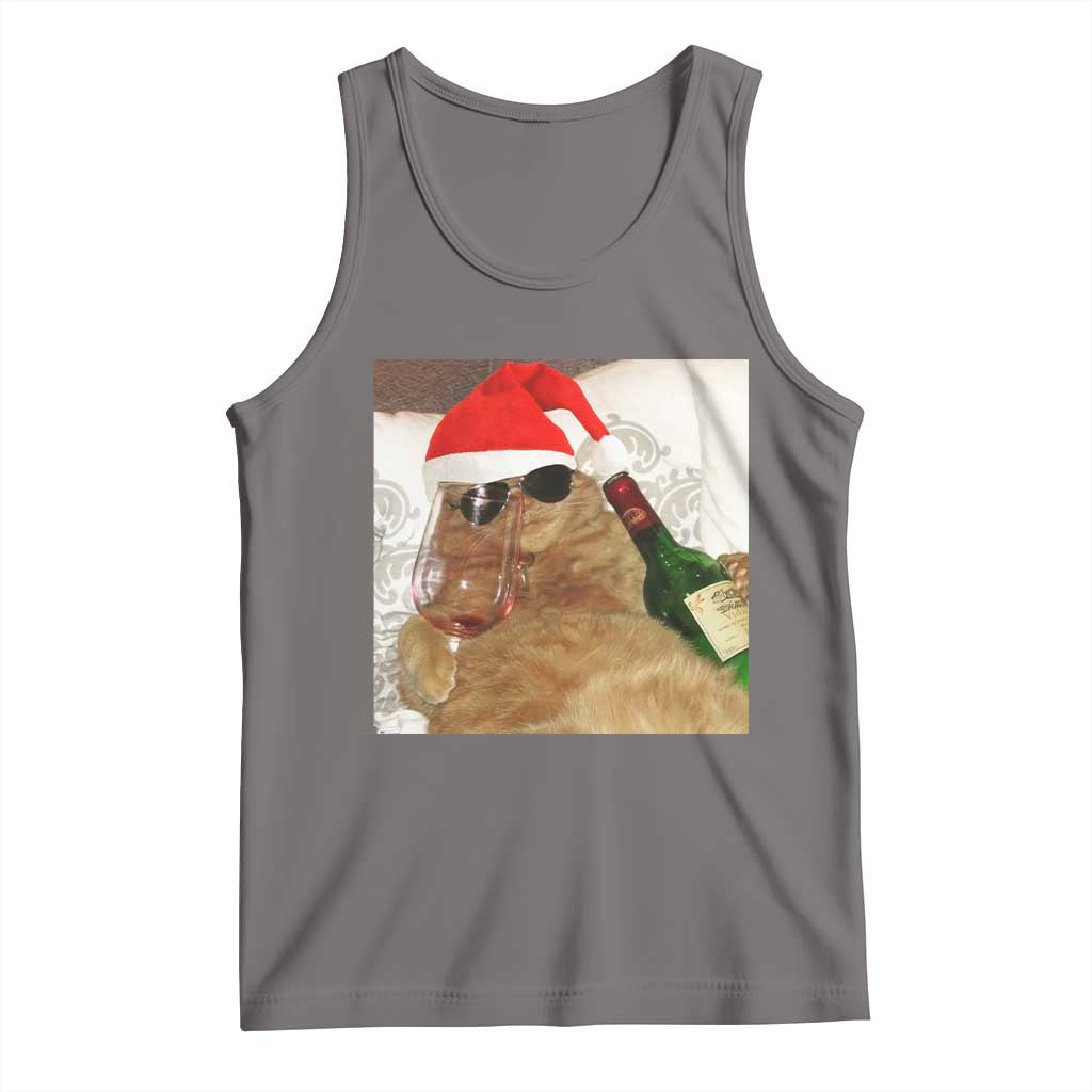 Funny Cat Drinking Wine Christmas Tank Top TS14 Deep Heather Print Your Wear