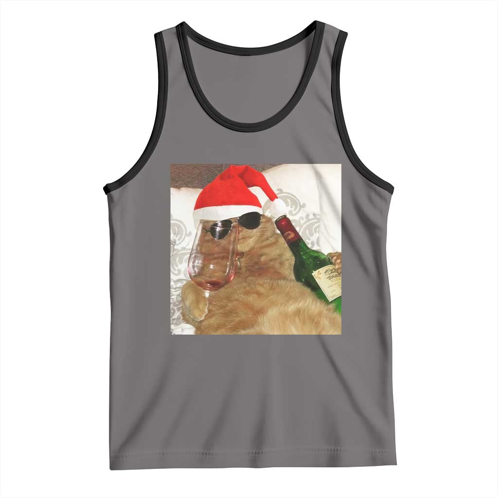 Funny Cat Drinking Wine Christmas Tank Top TS14 Deep Heather Black Print Your Wear