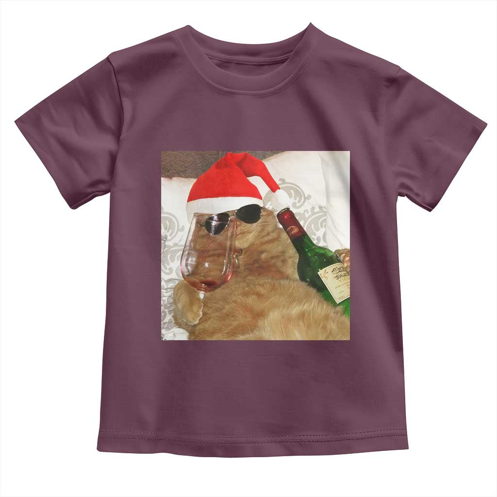 Funny Cat Drinking Wine Christmas Toddler T Shirt TS14 Maroon Print Your Wear