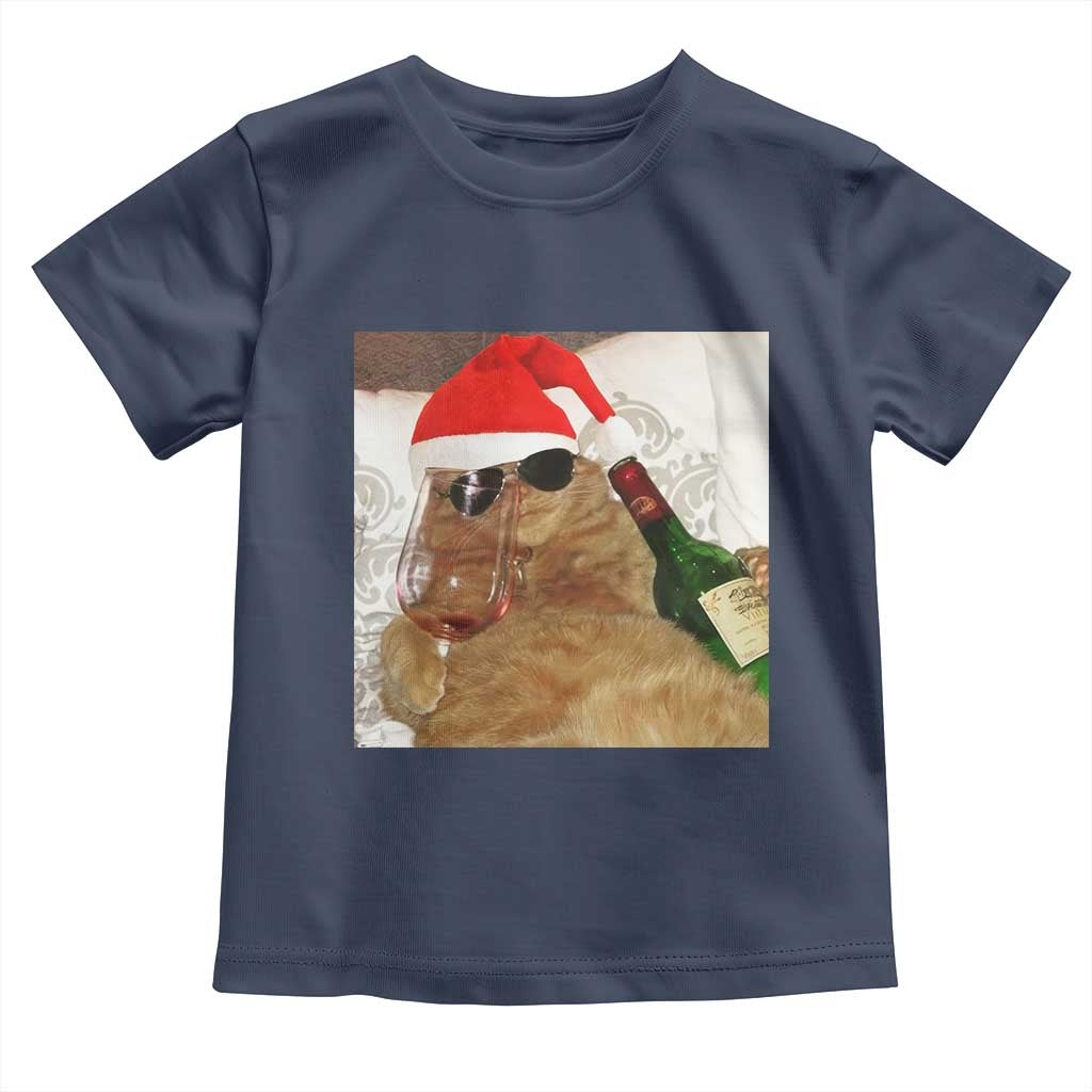 Funny Cat Drinking Wine Christmas Toddler T Shirt TS14 Navy Print Your Wear