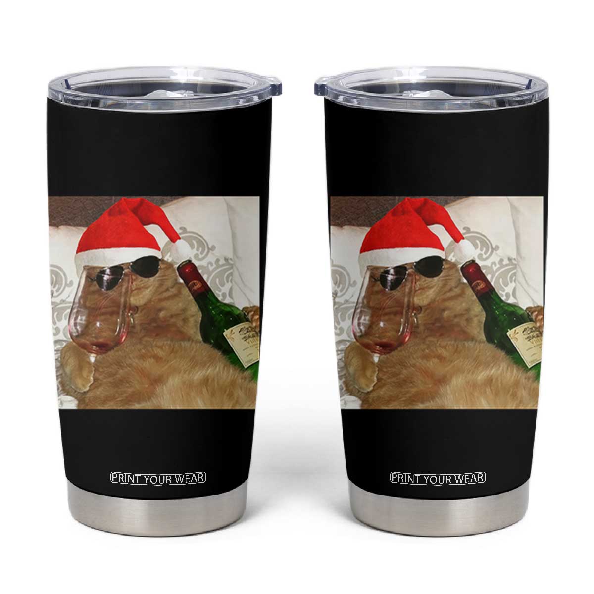 Funny Cat Drinking Wine Christmas Tumbler Cup TS14 Black Print Your Wear