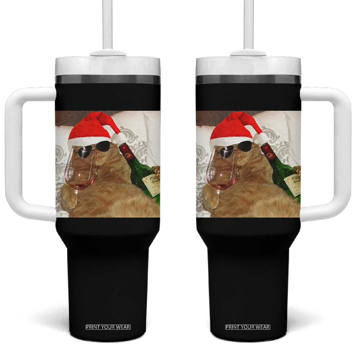 Funny Cat Drinking Wine Christmas Tumbler With Handle - Print Your Wear