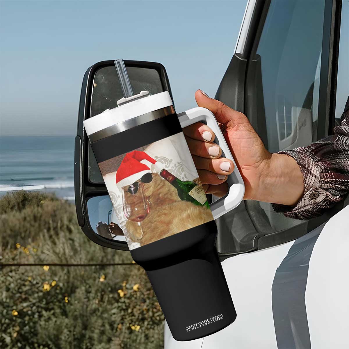 Funny Cat Drinking Wine Christmas Tumbler With Handle - Print Your Wear