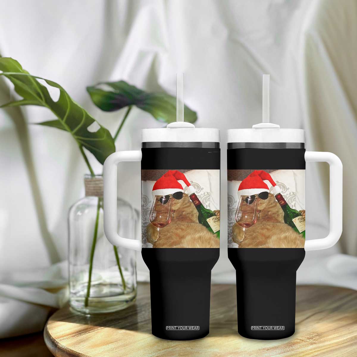 Funny Cat Drinking Wine Christmas Tumbler With Handle - Print Your Wear
